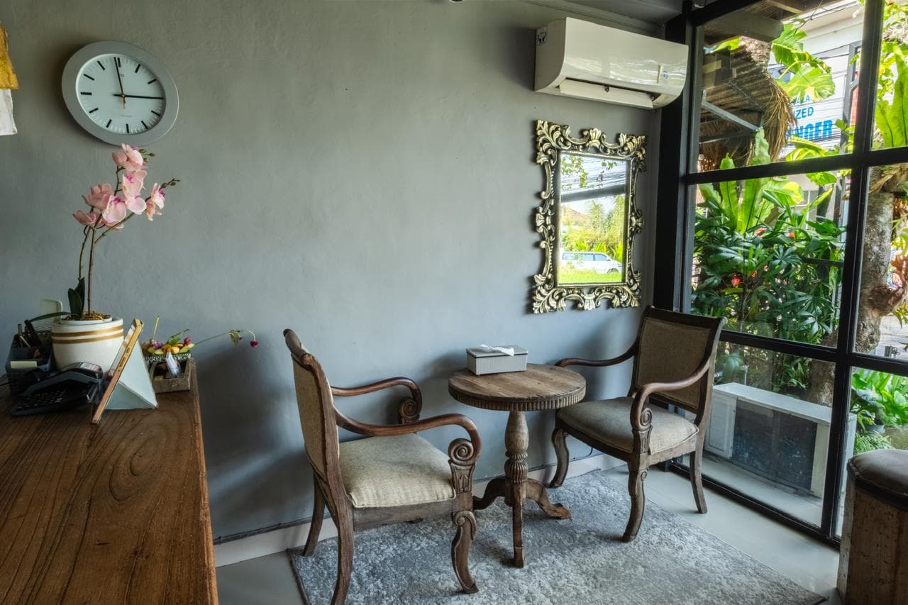 Reception waiting area with vintage-style chairs and garden views through the entrance